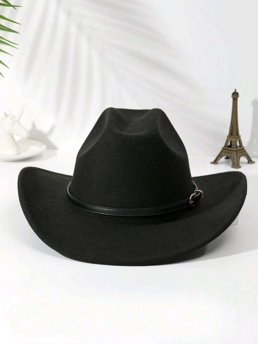 Womens Black Felt Cowboy Hat with Faux Leather Band